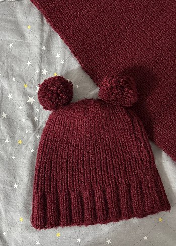 Bordo Örgü Çocuk Bere ve Atkı Seti - Görsel 2