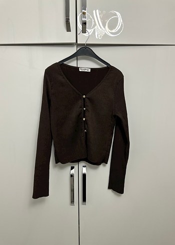 s Beden kahverengi Renk Düğmeli V Yaka Kahverengi Triko Bluz