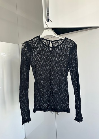 Dantel Detaylı Siyah  beyaz Uzun Kollu Bluz - Görsel 3