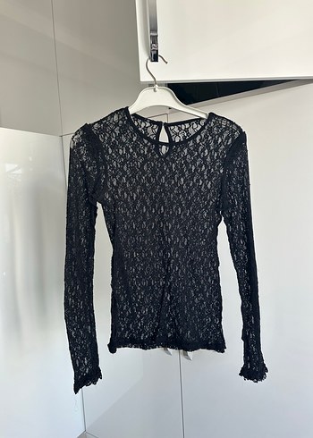 Dantel Detaylı Siyah  beyaz Uzun Kollu Bluz - Görsel 4