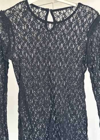 Dantel Detaylı Siyah  beyaz Uzun Kollu Bluz - Görsel 2