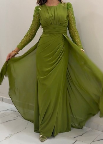 Yeşil Uzun Drapeli Abiye Elbise - Görsel 3