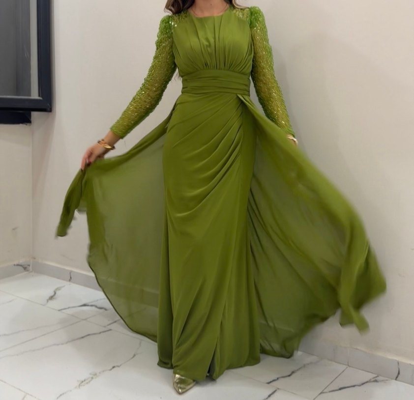 Yeşil Uzun Drapeli Abiye Elbise - Görsel 3