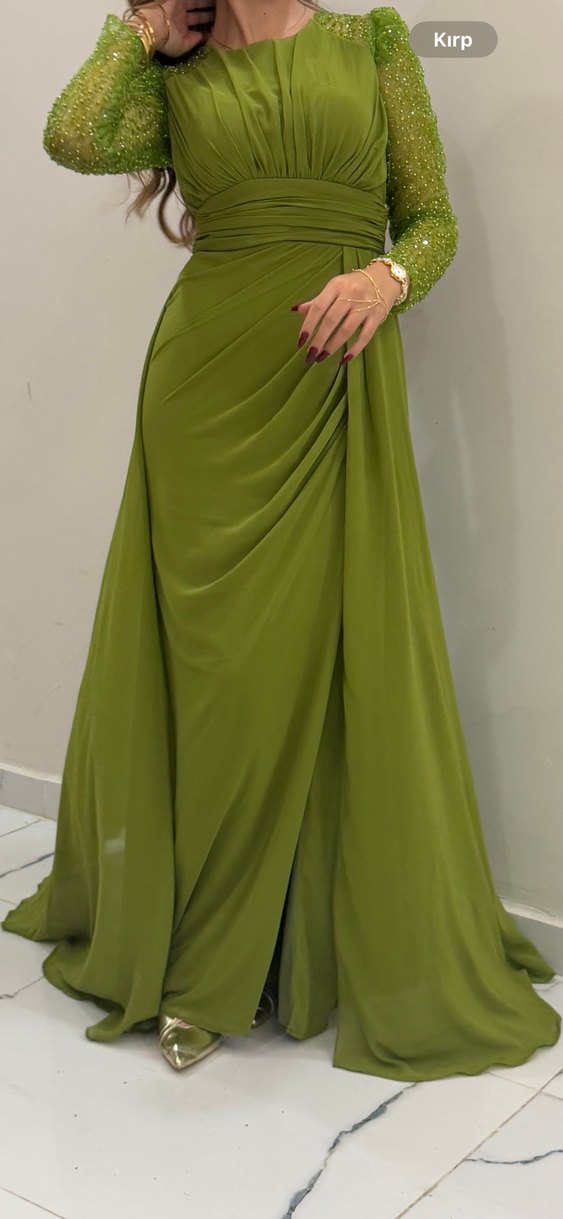 Yeşil Uzun Drapeli Abiye Elbise - Görsel 2