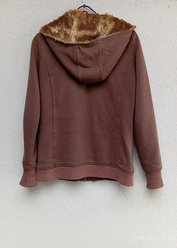 Kürklü Kapüşonlu Kahverengi Kadın Ceket - Görsel 5