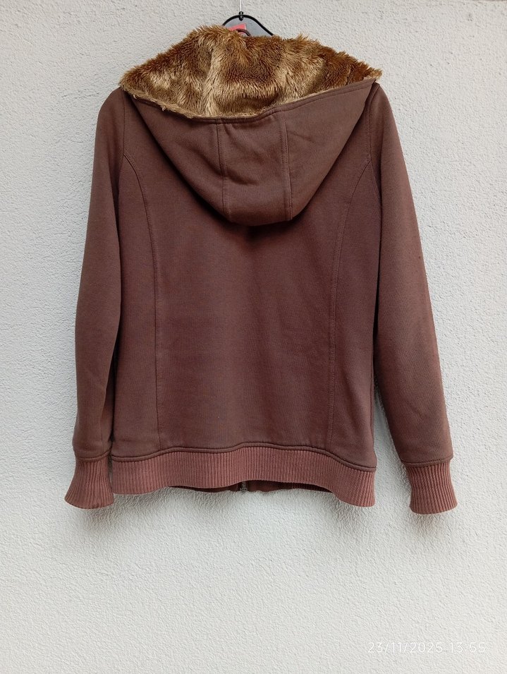 Kürklü Kapüşonlu Kahverengi Kadın Ceket - Görsel 5
