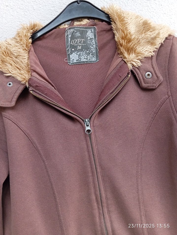 Kürklü Kapüşonlu Kahverengi Kadın Ceket - Görsel 2