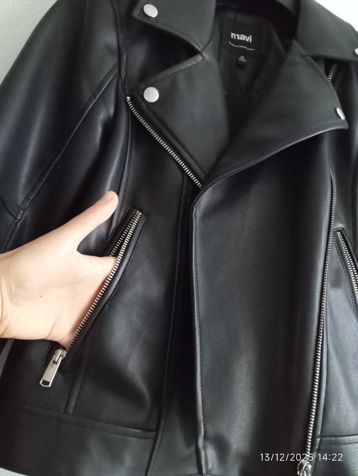 Kadın Siyah Deri Biker Ceket - Görsel 3