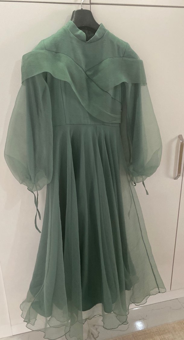 Drapeli Uzun Yeşil Kadın Abiye Elbise - Görsel 2