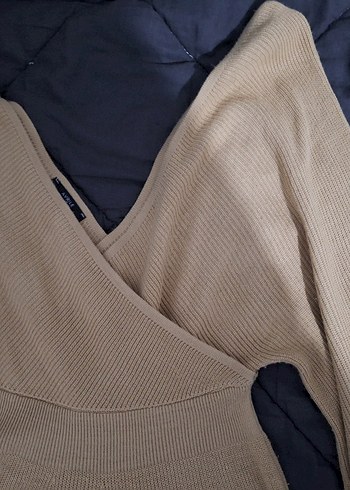 Bej V Yakalı Uzun Kollu Triko Elbise - Görsel 3