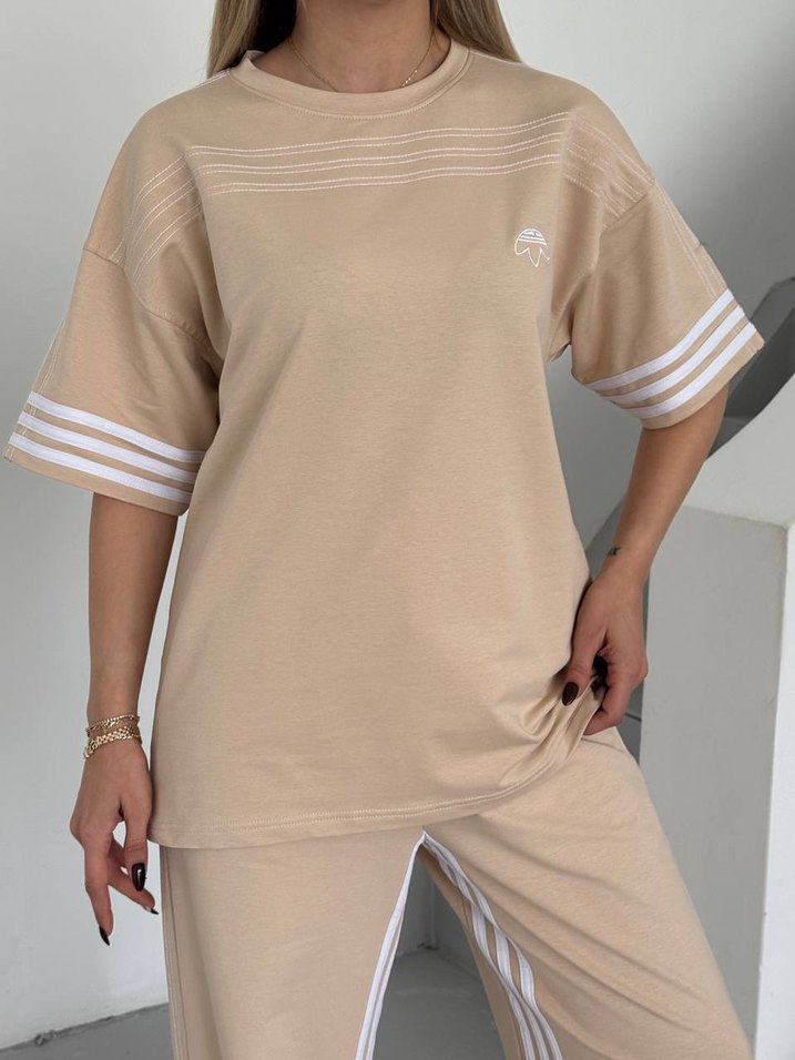 Bej Kadın Kısa Kollu Rahat Eşofman Takımı - Görsel 2