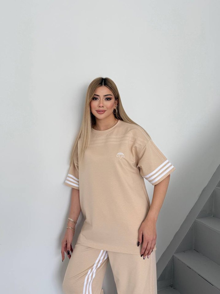 Bej Kadın Kısa Kollu Rahat Eşofman Takımı - Görsel 3