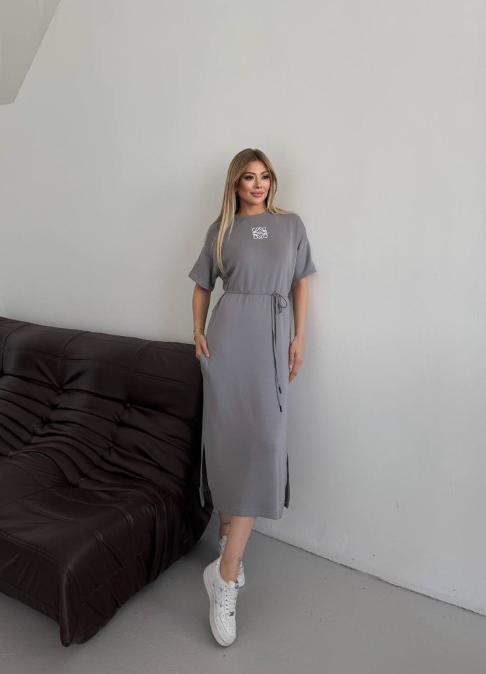 Gri Baskılı Salaş Uzun Elbise - Görsel 3