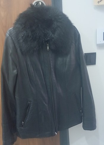 Kürk Detaylı Siyah Deri Biker Ceket - Görsel 2