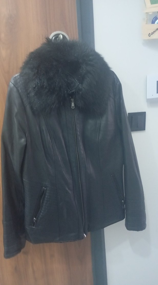 Kürk Detaylı Siyah Deri Biker Ceket - Görsel 2