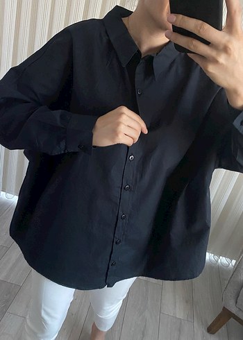 44 Beden Siyah Pamuklu Oversize Kadın Gömlek