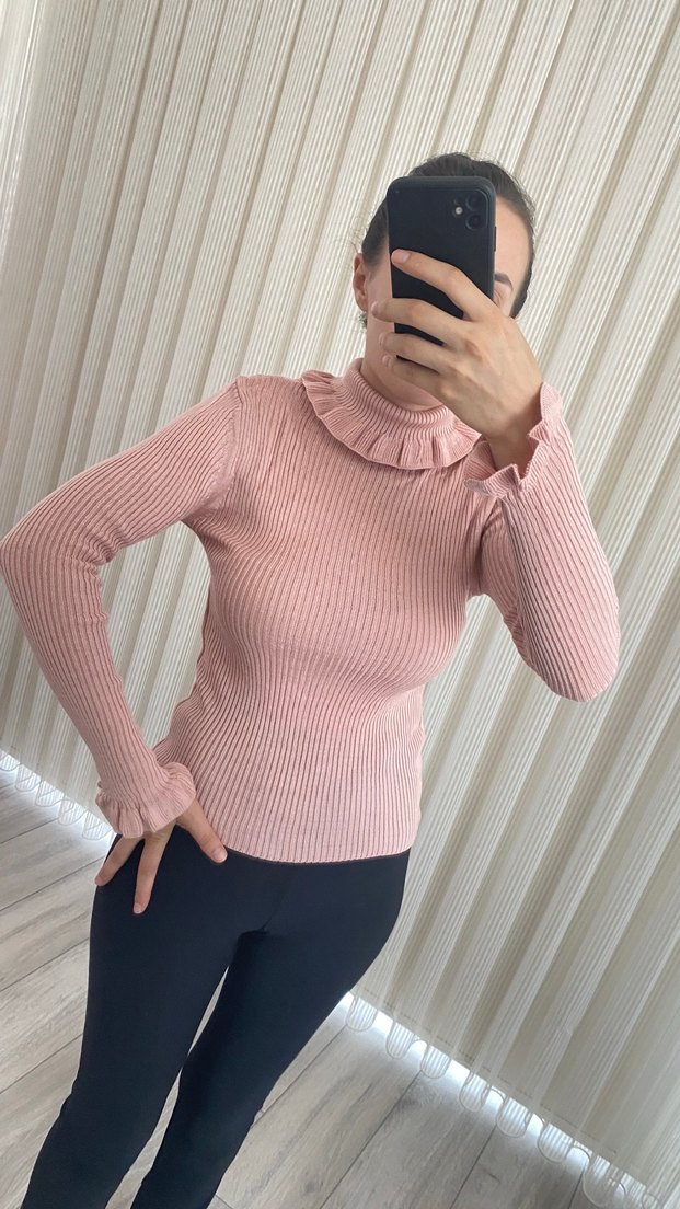 Pembe Boğazlı Triko Kadın Kazak - Görsel 3