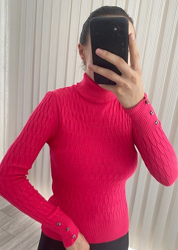 Düğmeli Pembe Boğazlı Triko Kadın Kazak - Görsel 3