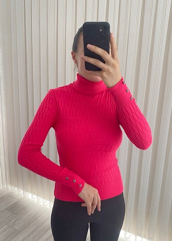 Düğmeli Pembe Boğazlı Triko Kadın Kazak - Görsel 2