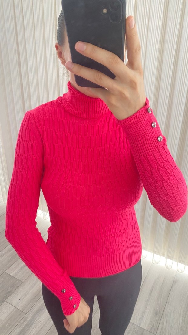 Düğmeli Pembe Boğazlı Triko Kadın Kazak - Görsel 4