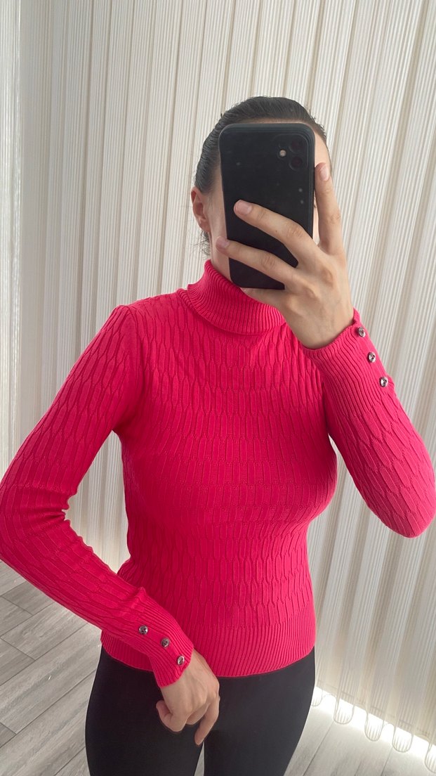 Düğmeli Pembe Boğazlı Triko Kadın Kazak - Görsel 3