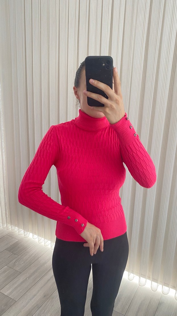 Düğmeli Pembe Boğazlı Triko Kadın Kazak - Görsel 2