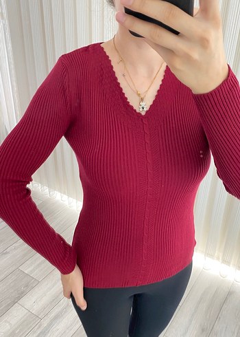 Bordo V Yaka İnce Triko Kadın Kazak - Görsel 2