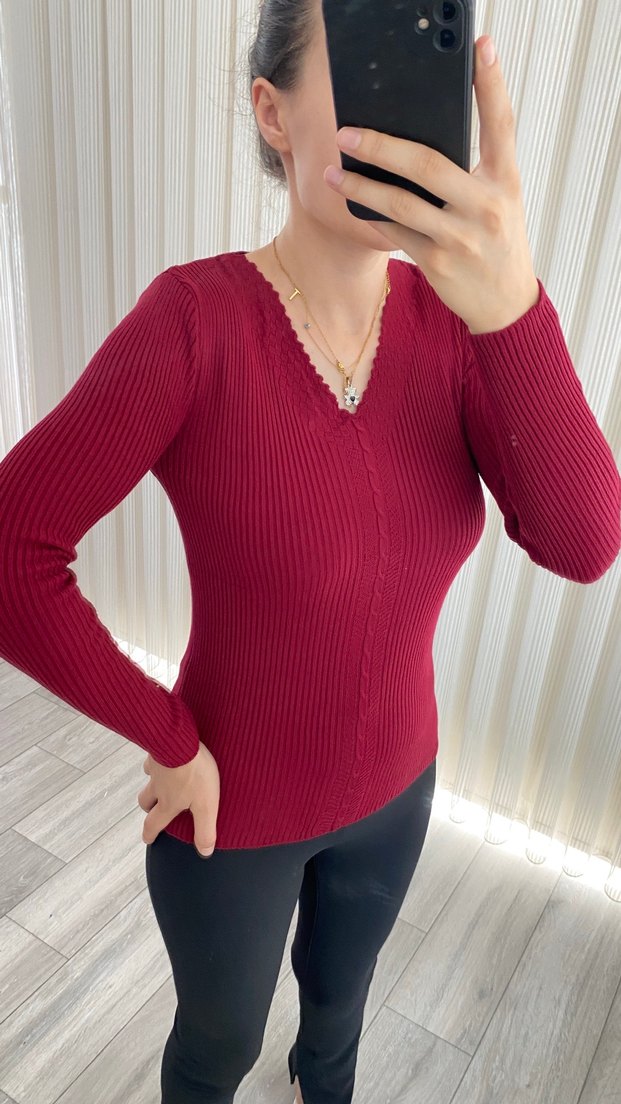 Bordo V Yaka İnce Triko Kadın Kazak - Görsel 4
