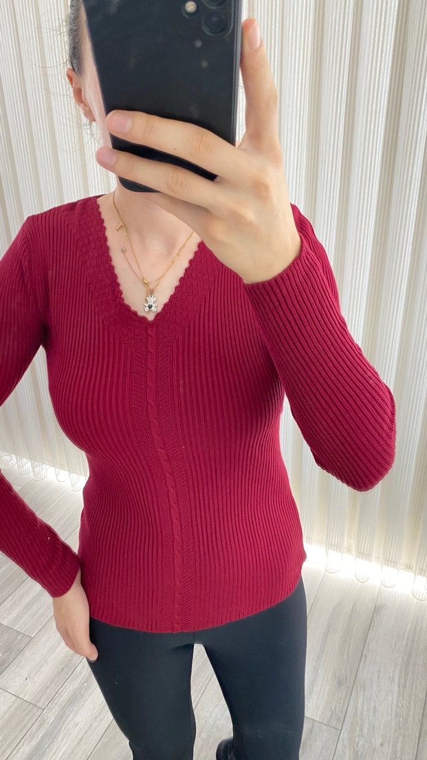 Bordo V Yaka İnce Triko Kadın Kazak - Görsel 3