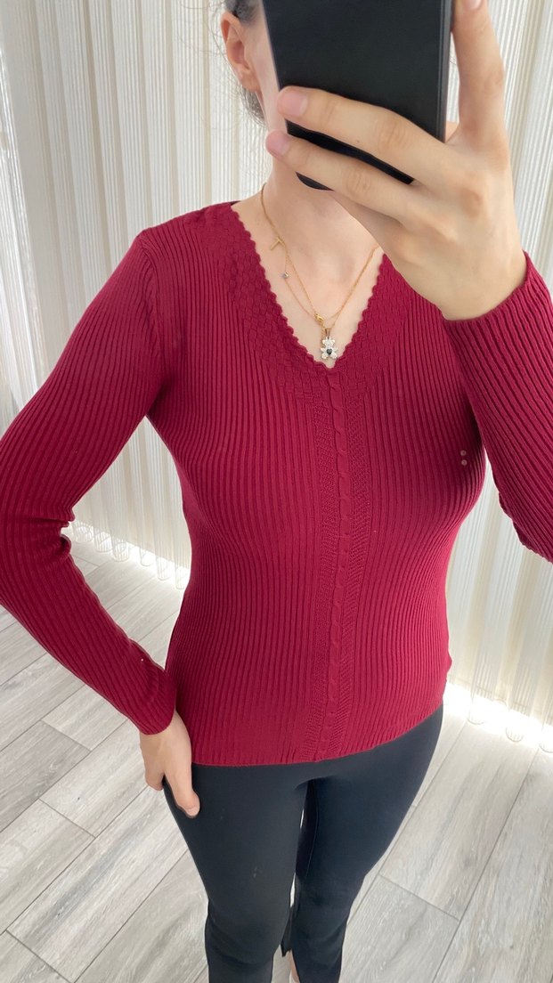Bordo V Yaka İnce Triko Kadın Kazak - Görsel 2