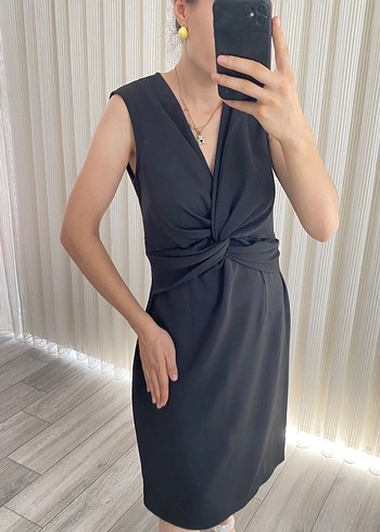 xl Beden Siyah V Yaka Midi Ofis Elbisesi