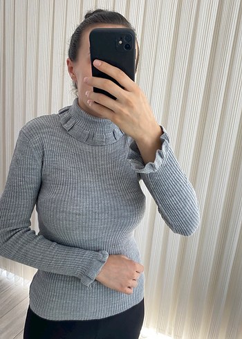 Gri Kadın Boğazlı Triko Kazak - Görsel 3