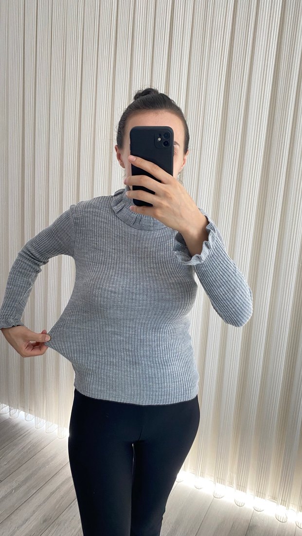 Gri Kadın Boğazlı Triko Kazak - Görsel 4