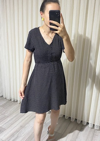 Tiffany Tomato Siyah Puantiyeli V Yaka Midi Elbise