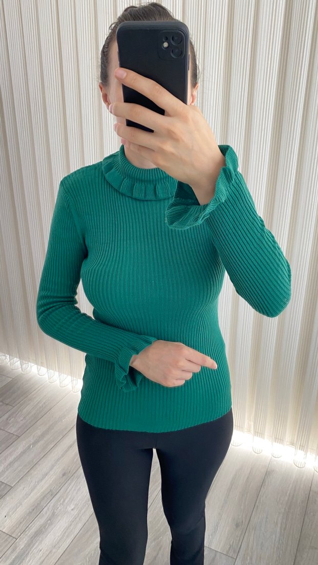 Kadın Yeşil Boğazlı Triko Kazak - Görsel 4