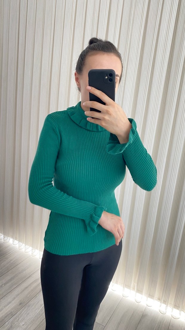 Kadın Yeşil Boğazlı Triko Kazak - Görsel 2