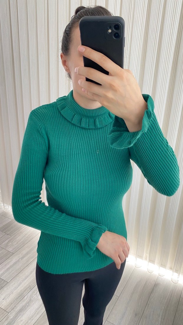 Kadın Yeşil Boğazlı Triko Kazak - Görsel 3