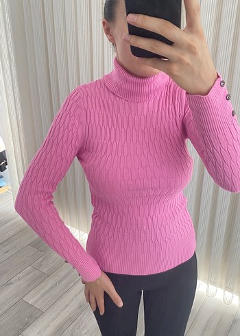 Pembe Örgü Balıkçı Yaka Kadın Kazak - Görsel 3