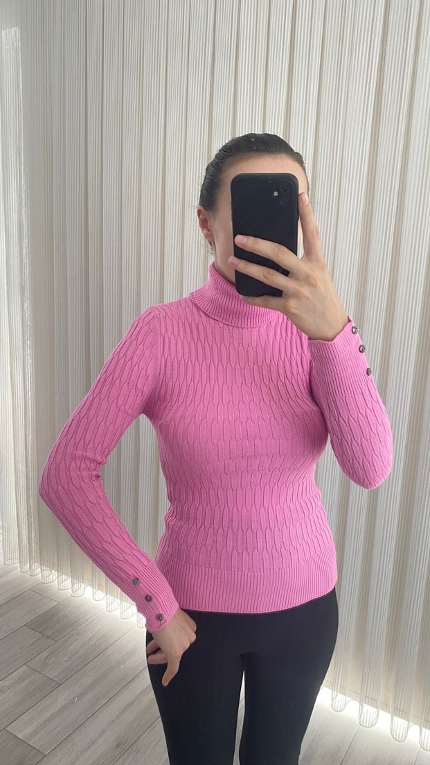 Pembe Örgü Balıkçı Yaka Kadın Kazak - Görsel 4