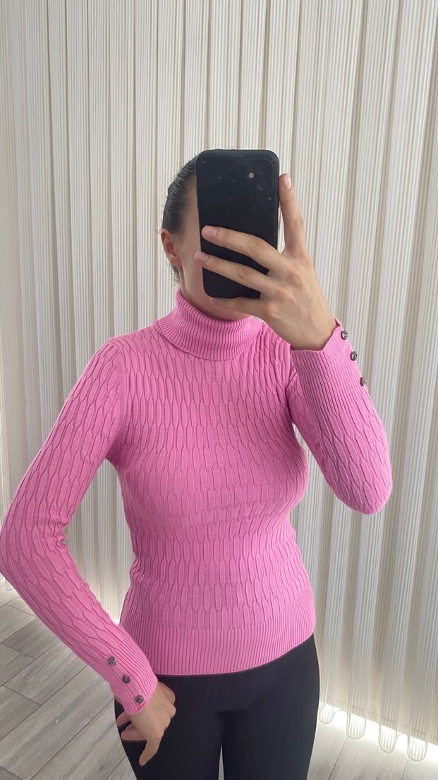 Pembe Örgü Balıkçı Yaka Kadın Kazak - Görsel 5