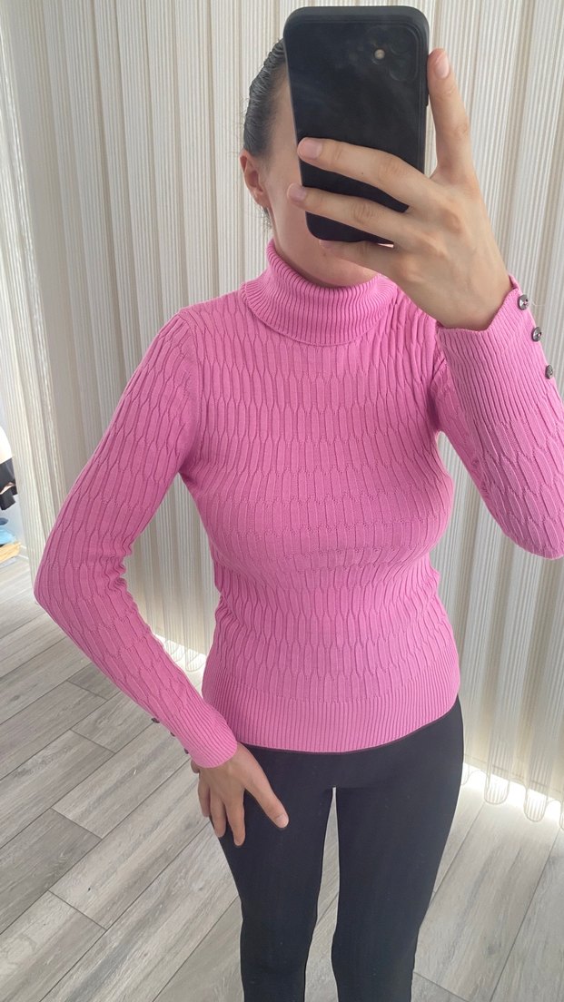 Pembe Örgü Balıkçı Yaka Kadın Kazak - Görsel 3