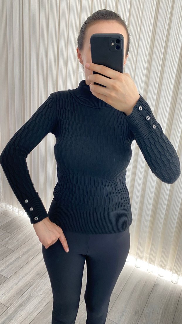 Siyah Balıkçı Yaka Örgü Kadın Kazak - Görsel 4