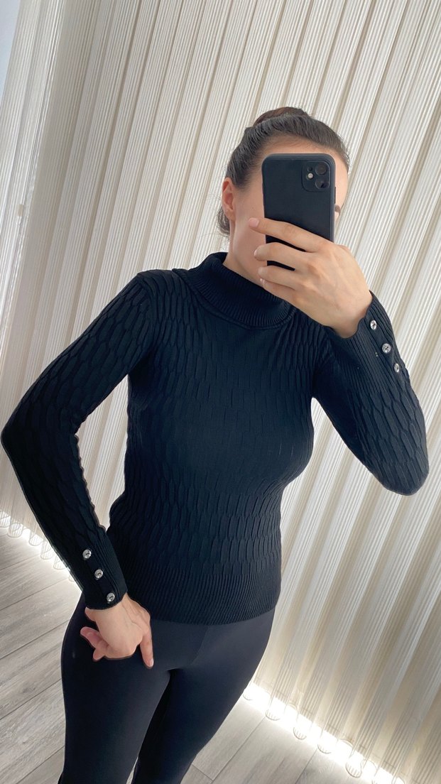 Siyah Balıkçı Yaka Örgü Kadın Kazak - Görsel 3