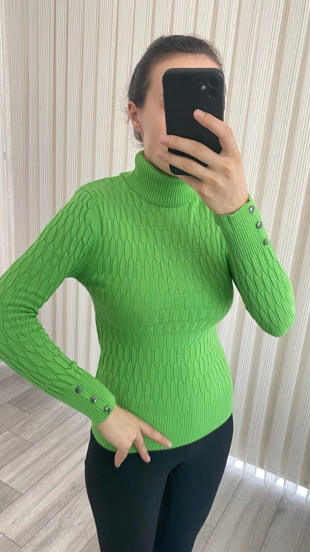 Yeşil Balıkçı Yaka Triko Kadın Kazak - Görsel 4