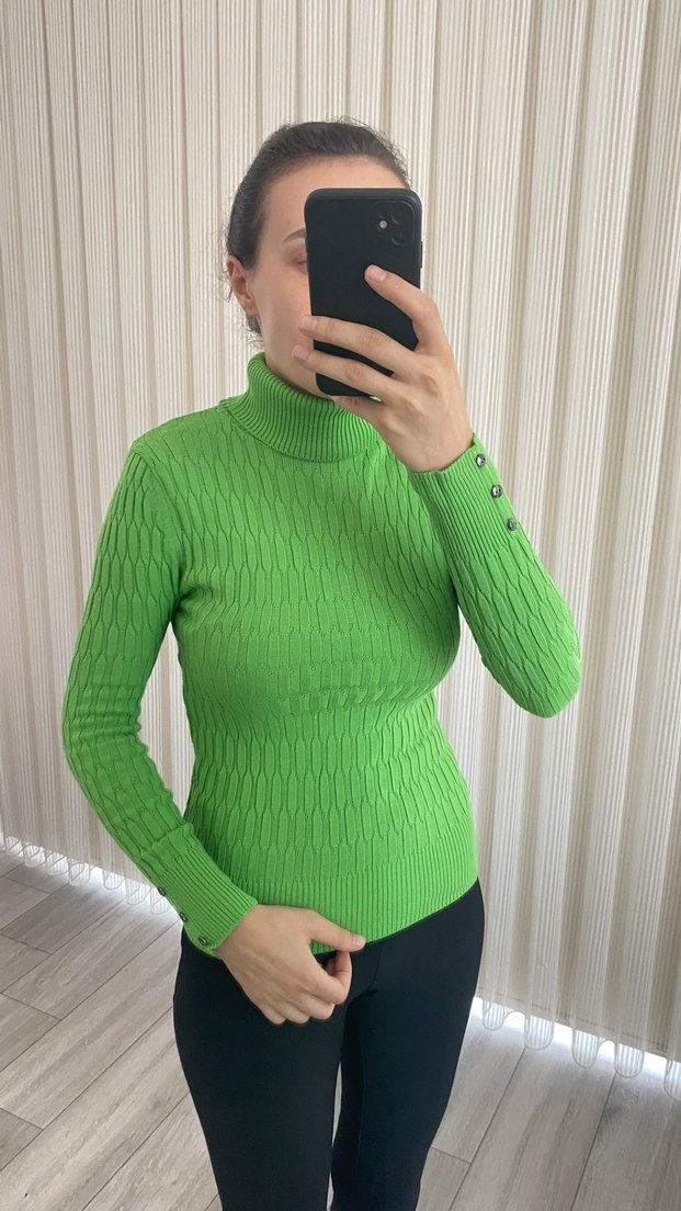 Yeşil Balıkçı Yaka Triko Kadın Kazak - Görsel 2