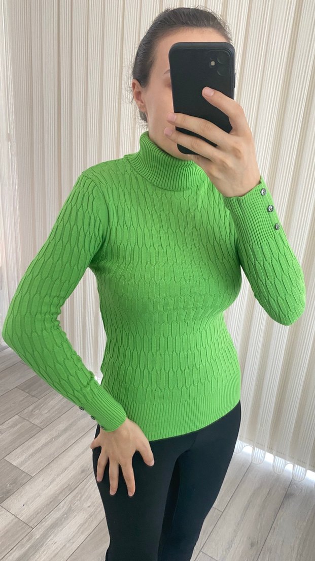 Yeşil Balıkçı Yaka Triko Kadın Kazak - Görsel 3