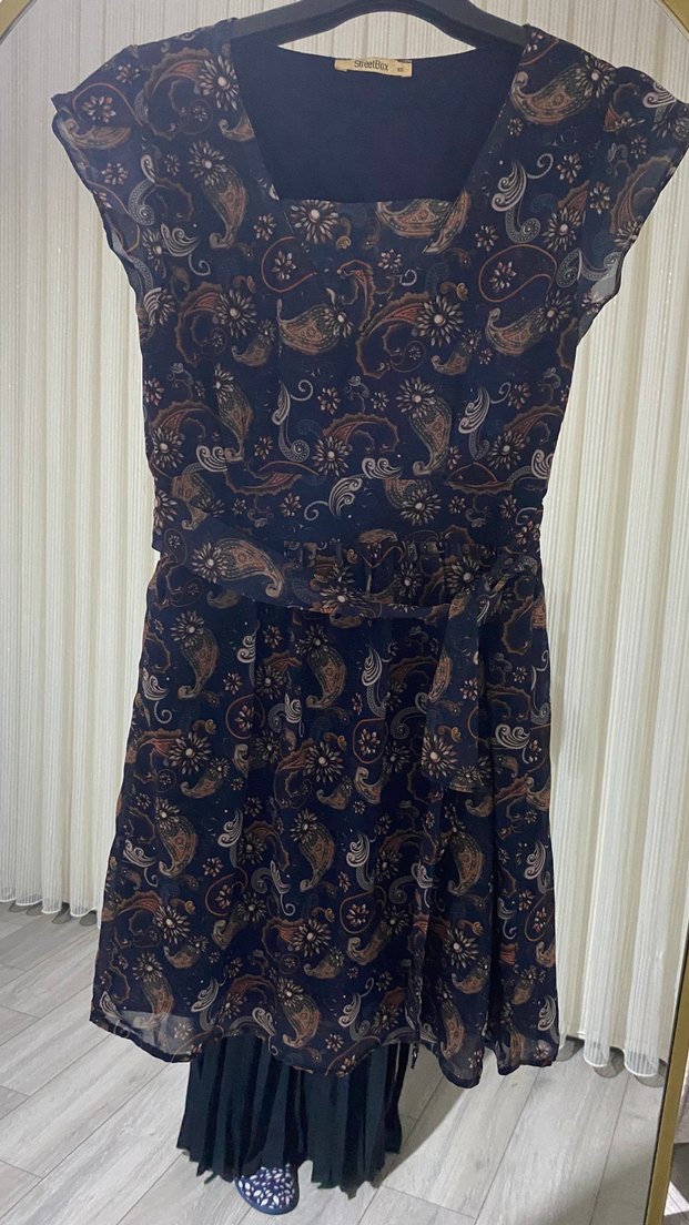 Kemerli Lacivert Bohem Midi Elbise - Görsel 2