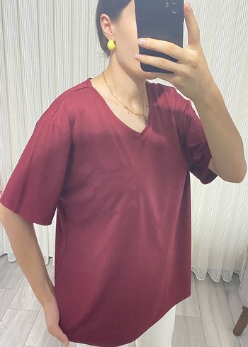 Bordo V Yaka Kadın T-shirt - Görsel 3