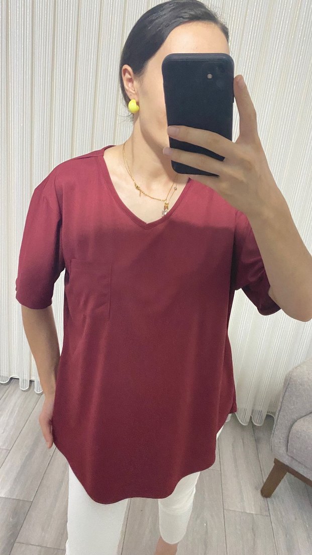 Bordo V Yaka Kadın T-shirt - Görsel 2