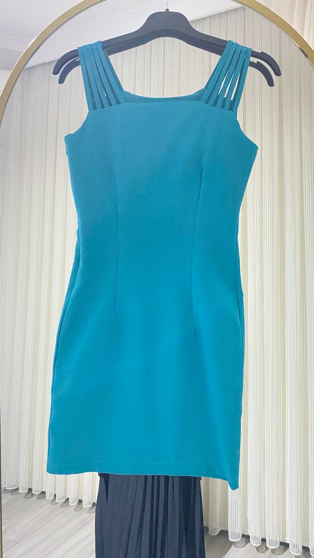 Mavi V Yakalı Kolsuz Midi Elbise - Görsel 2